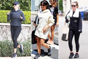 A split image of Reese Witherspoon, Camila Cabello and Olivia Wilde all wearing Hoka sneakers