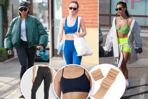 Lori Harvey, Olivia Wilde and Hailey Bieber all wearing leggings, with insets of leggings, a sports bra and weighted bangles