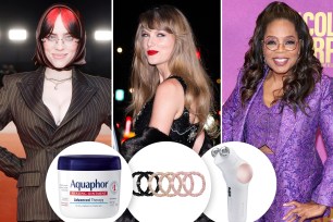 Billie Eilish, Taylor Swift and Oprah Winfrey with insets of Aquaphor Healing Ointment, Slip Slik scrunchies and a TheraFace Pro
