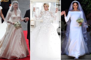 A split image of Kate Middleton, Paris Hilton and Meghan Markle in their wedding dresses