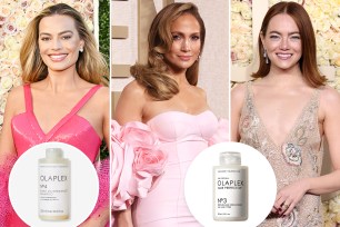 Margot Robbie, Jennifer Lopez and Emma Stone on the Golden Globes red carpet, with insets of two Olaplex bottles