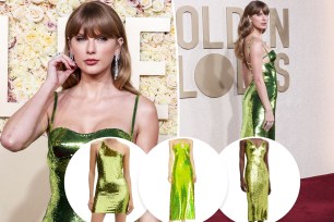 Taylor Swift in a green dress with insets of three similar sparkly dresses