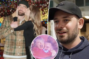 A split photo of Taylor Swift kissing Travis Kelce and Taylor Swift's second cousin talking and a small photo of Taylor Swift hugging her cousin