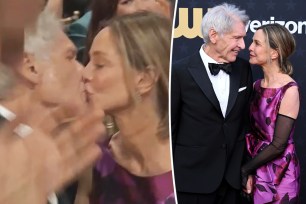 A split photo of Harrison Ford and Calista Flockhart kissing and another photo of Harrison Ford and Calista Flockhart posing together on a red carpet