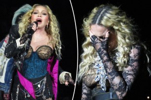 Two split photos of Madonna performing on stage
