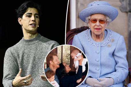 A split photo of Omid Scobie talking and Queen Elizabeth II sitting and a small photo of Prince Harry and Meghan Markle with their kids