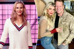 A split photo of Meghan King posing and Alexis Bellino and John Janssen posing together