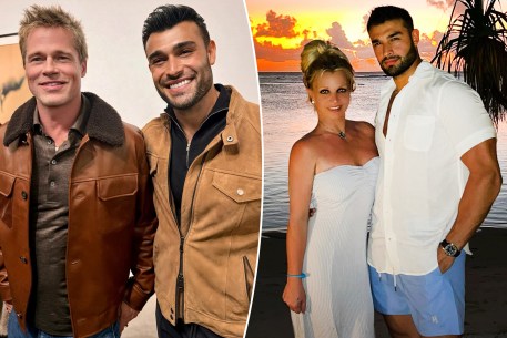 Sam Asghari and ex Britney Spears split image with him and Brad Pitt.